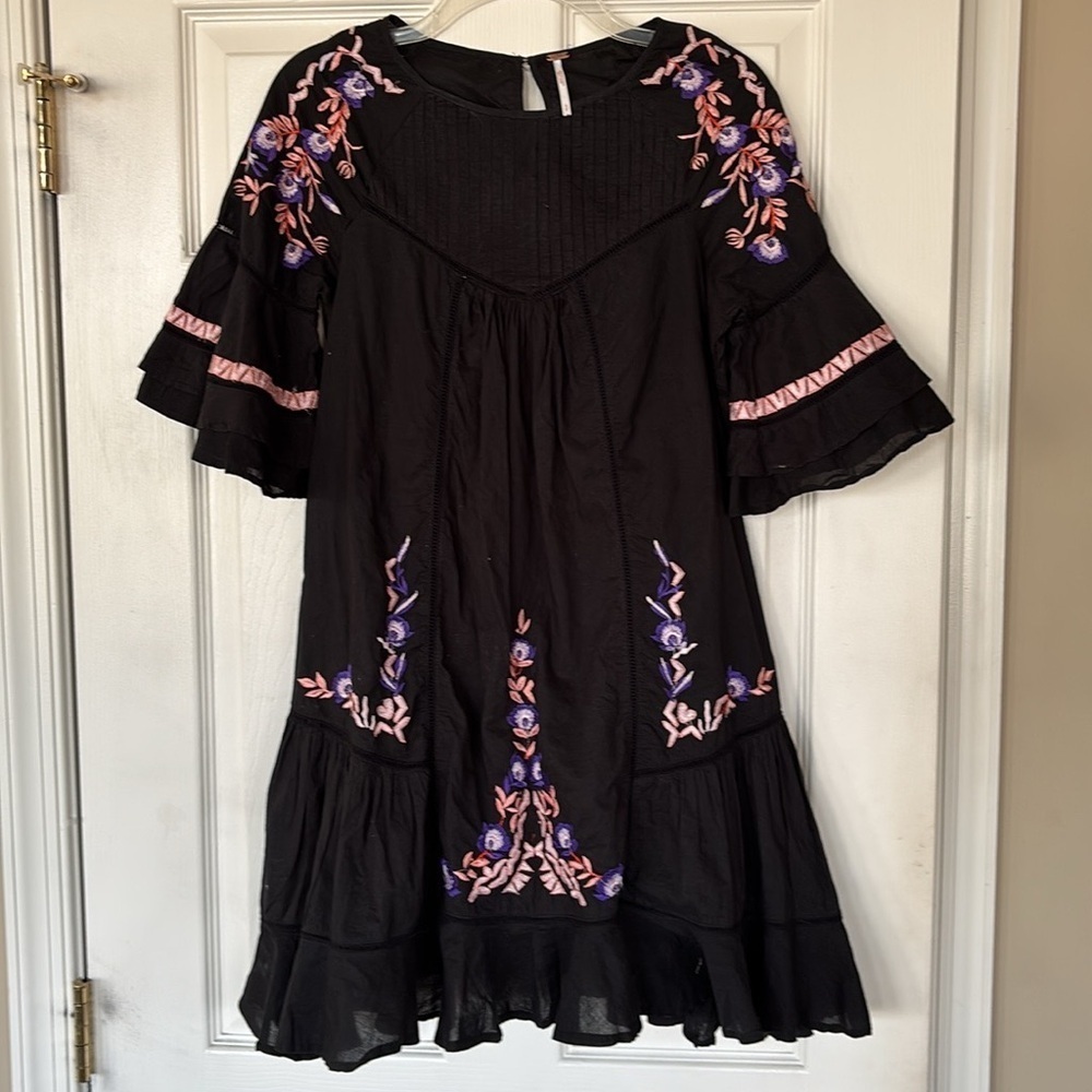 Free People Black Boho Ruffle Pavlo Mini Dress Orange Purple Floral Embroidery - Picture 14 of 16